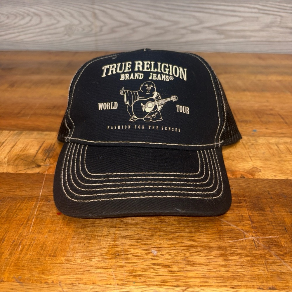 True Religion Hat Cap Snap Back One Size Black Buddha World Tour Trucker